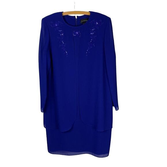 Virgo Blue Sheath Dress w Sheer Overlay, Floral  Embroidery & Sequins - Size 12 - Picture 1 of 10